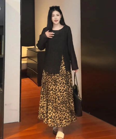 빅 사이즈 순수한 욕망 레오파드 무늬 점프 슈트 치마 세트 여성 가을 지방 mm 슬림해 보이는 에어컨 블라우스 슬립 롱 스커트 투피스 세트