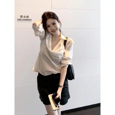 批发pusumede 转角<b class='q'>街头</b> 蓝色蝴蝶结绑带条纹衬衫女长袖衬衣气质上衣