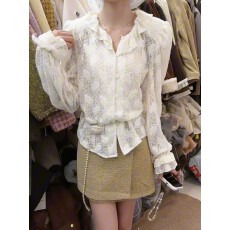 批发高级感气质荷叶边泡泡袖蕾丝<b class='q'>衬衫女</b>秋冬2025新款韩版宽松显瘦上衣