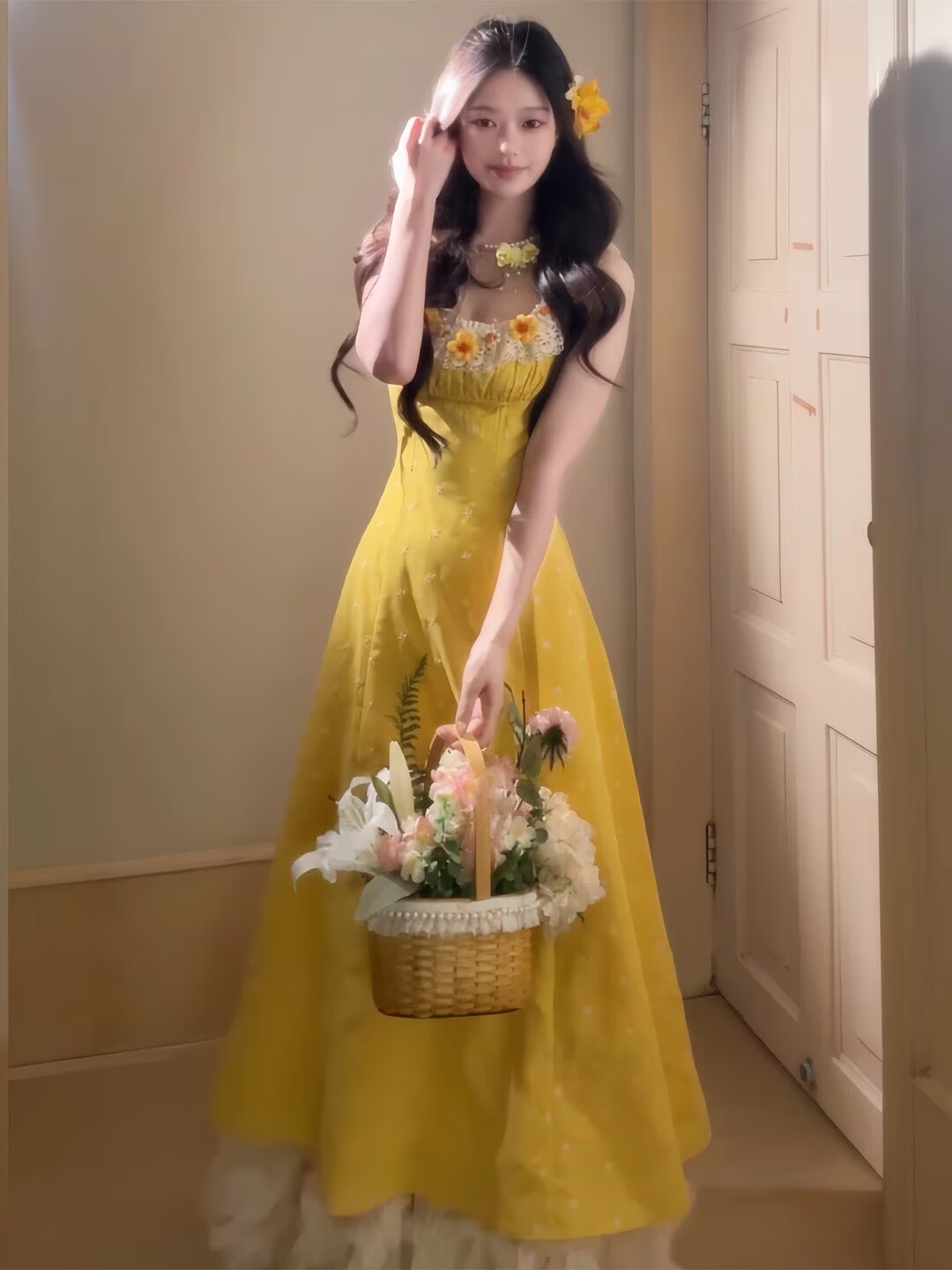 프랑스식 전원 바람 황색 슬립 길다 치마 레이스 3 차원 꽃 소녀 센스 해변가 휴가 바람 여성 드레스