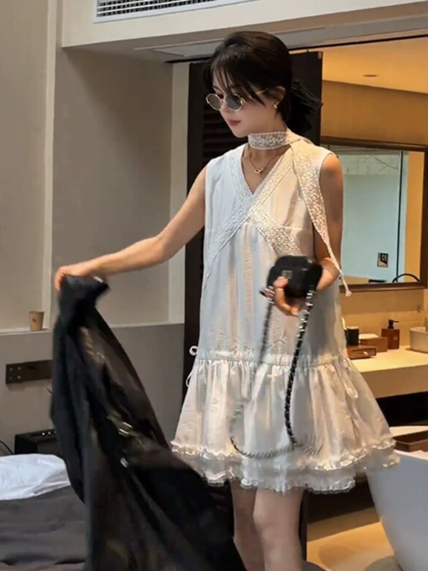 부드러운 부서 연령 감소 민소매 외국 가스 여성 드레스 봄철 ootd 착용 가져 가라. 새로운 미니 스커트 단순한 관대 한 ~ 중 치마