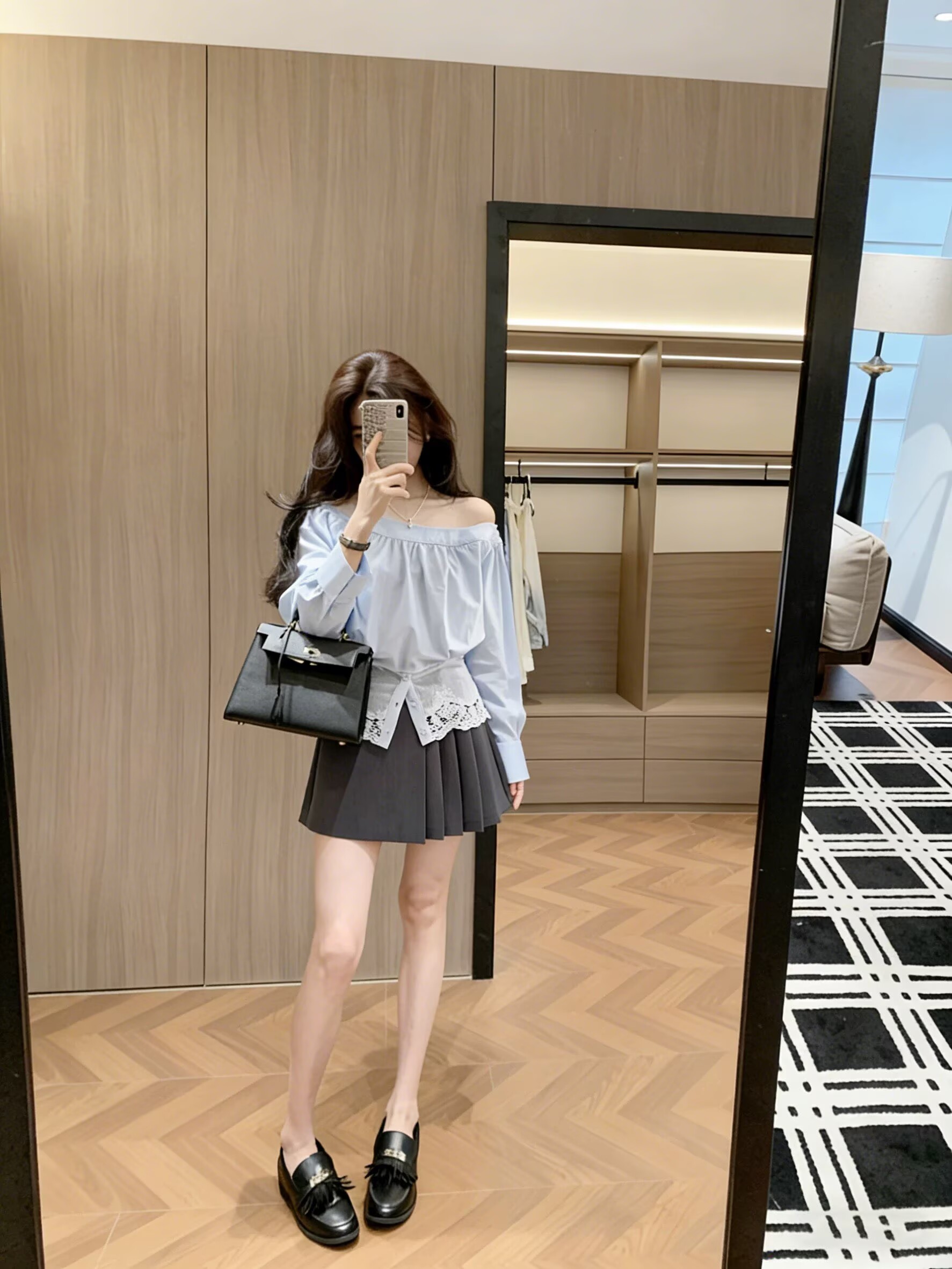 프랑스식 고급 센스 패치워크 레이스 비스듬한 어깨 긴팔 여성 셔츠 가을 작은 대중 고유 한 허리 수축 슬림해 보이는 오프숄더 맨위