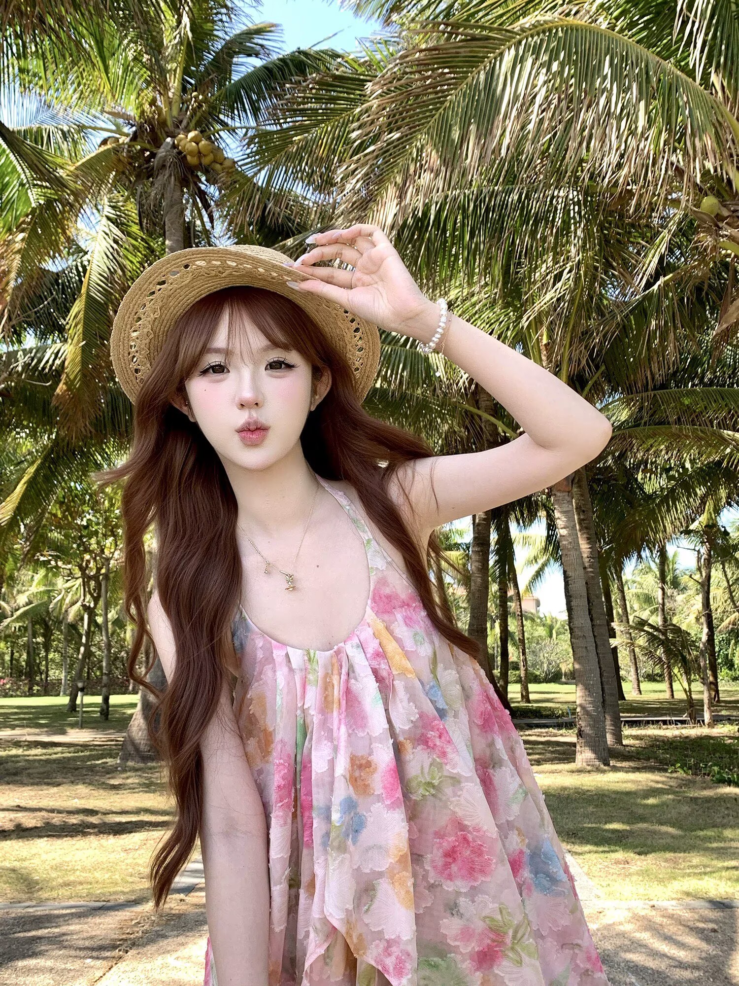 초기 꿈 pokemeng 한여름 꽃 행침 목 백리스 대 치마 자카드 헤일로 염색 꽃무늬 휴가 드레스