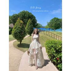 批发SISI JIANG“月影琉璃”法式优雅收腰度假<b class='q'>网纱</b>提花气质挂脖<b class='q'>长裙</b>