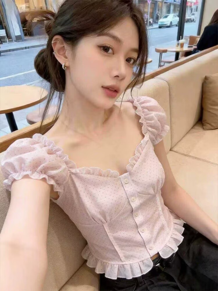 프랑스식 달콤한 핫걸 버블 반팔 광장 칼라 쇄골 여성 셔츠 디자인 센스 작은 대중 여름 프릴 쇼트 스타일 맨위