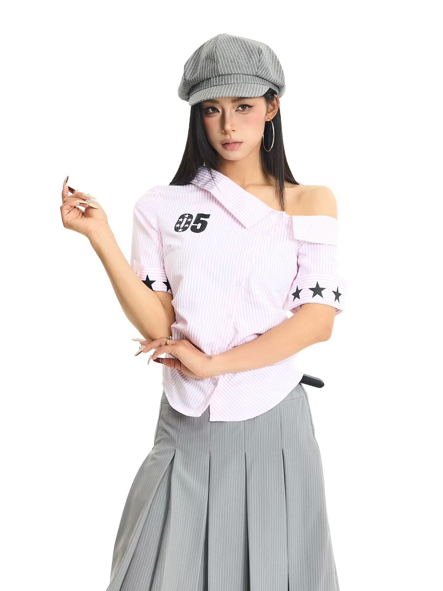 아메리칸 레트로 순수한 욕망 섹시함 비스듬한 칼라 오프숄더 반팔 셔츠 핫걸 디자인 센스 맨위