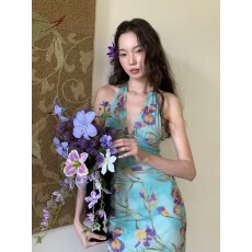 批发9rotic 薄荷绿<b class='q'>复古</b>鸢尾花 弹力细闪修身 显瘦度假风v领挂脖<b class='q'>连衣裙</b>