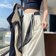 批发冰丝棉麻<b class='q'>西装</b>阔腿裤女夏薄款细带高腰显瘦宽松垂感休闲直筒拖地裤