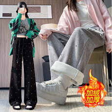批发灰色烫钻加绒加厚阔腿运动裤<b class='q'>女</b>秋冬高腰显瘦宽松直筒糯米卫裤子