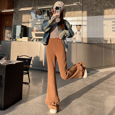 批发窄版咖色木耳边微喇裤子女2026小个子春季新款软糯休闲阔腿马蹄裤