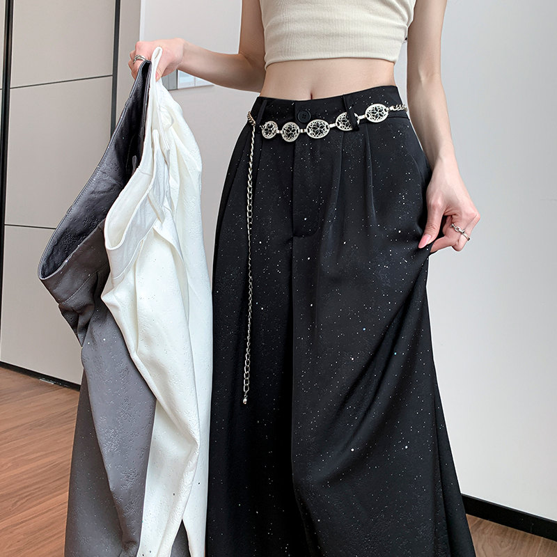 베이지 색 아세트산 새틴 와이드 레깅스 바지 2026 여름 얇은 스타일 하이웨이스트 스팽글 슬림해 보이는 캐주얼 바닥 청소 롱 바지