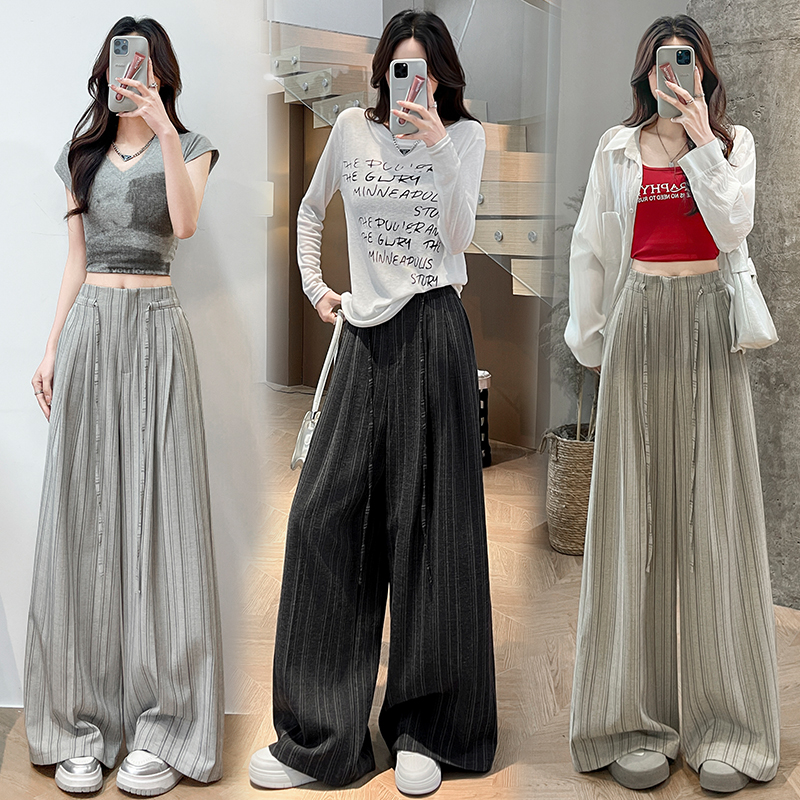 한 부서 레트로 스트라이프 와이드 레깅스 바지 2026 여름 새로운 디자인 센스 스트랩 다용도 오래된 돈 바람 정장 바지