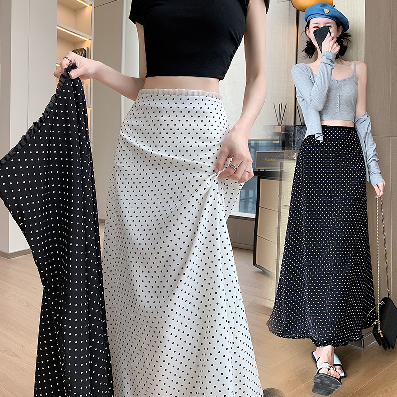 한 부서 도트 무늬 패치워크 레이스 프릴 반신 스커트 여성 여름 얇은 스타일 하이웨이스트 쉬폰 한 마디 표지 고기 인어 꼬리 스커트