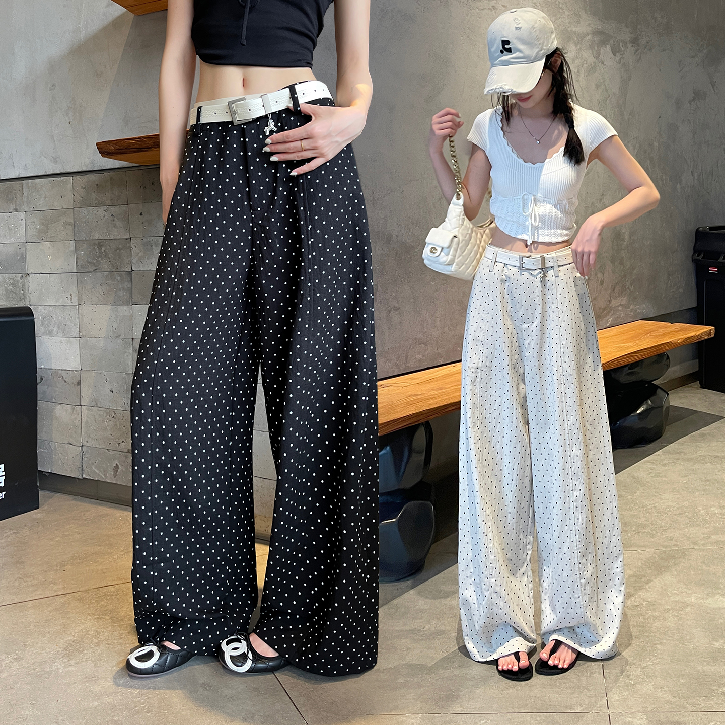 실사 2026 여름 새로운 도트 무늬 루즈핏 와이드 레그 팬츠 하이웨이스트 슬림해 보이는 도루 가을 센스 캐주얼 다용도 긴 바지 여성