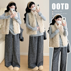 实拍现#孕妇装冬季慵懒风韩系穿搭三件套装 羊羔毛马甲搭配三件套