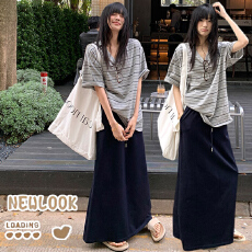 批发孕妇装夏季宽松条纹V领短袖T恤+高腰垂感半身裙两件套