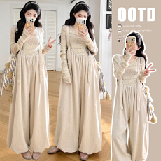 批发实拍现 孕妇装夏季新款针织打底衫搭配花苞背带裤套装