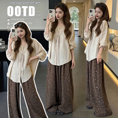 批发夏季新款韩系慵懒V领绑带上衣+碎花阔腿裤孕妇套装