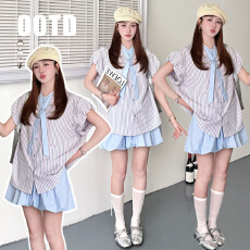 孕妇装夏季新款可拆卸领带短袖衬衫花苞裙三件套装