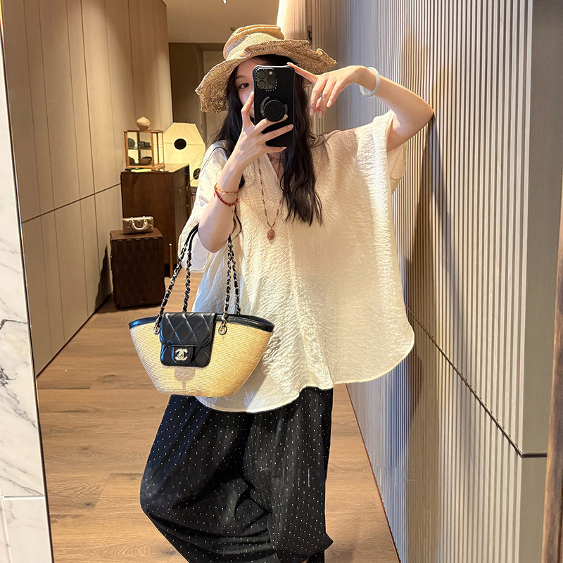 출산 착용 여름 얇고 가벼운 자외선 차단 블라우스 Tulle 세트 저항 주름 V넥 주름 부드러운 바람 루즈핏 세트