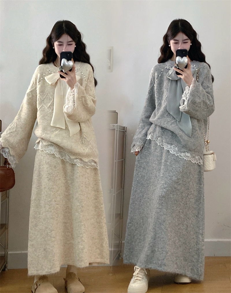 실사 빅 사이즈 이른 봄 새로운 지방 mm 느긋한 바람 비즈 박기 나비 매듭 레이스 조각 스웨터 반신 스커트 투피스 세트