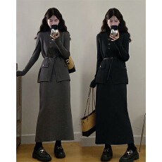 批发实拍大码冬季新款小香风马甲针织三件套半高领打底衫高腰半身裙