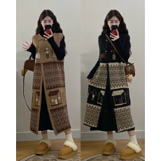 批发实拍大码女装秋冬复古宽松文艺毛衣背心裙+长袖针织打底裙两件套