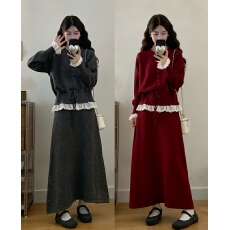 批发实拍<b class='q'>大码</b><b class='q'>女装</b>冬季新款胖mm花边系带毛衣上衣+针织半身裙两件套