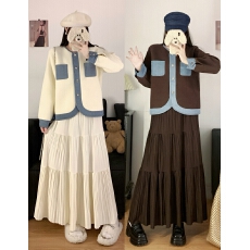 批发<b class='q'>实拍</b>大码女装秋冬新款复古牛仔拼接毛呢<b class='q'>外套</b>上衣+半身裙两件套