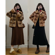 批发实拍秋冬大码女装小香风双面呢<b class='q'>格子</b>上衣外套+<b class='q'>连衣裙</b>两件套