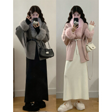 批发实拍大码秋冬新款设计感毛领斗篷大披肩外套针织打底<b class='q'>连衣裙</b>两件套