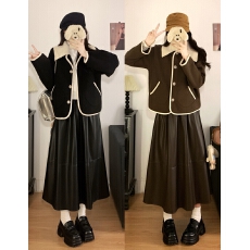 批发实拍大码女装秋冬新款长袖胖mm拼色<b class='q'>小香</b>风毛呢外套+皮裙两件套