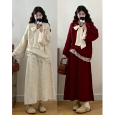 批发实拍大码女装秋冬新款慵懒风钉珠蝴蝶结<b class='q'>蕾丝</b>拼接毛衣半身裙两件套