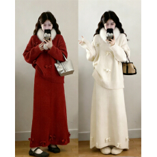 批发实拍大码秋冬新款慵懒风毛领蝴蝶结针织圆领毛衣高腰<b class='q'>半身裙</b>两件套