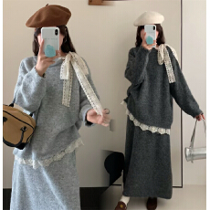 批发实拍大码秋<b class='q'>冬</b>新款胖MM慵懒风宽松休闲蕾丝拼接毛衣半身裙两件套