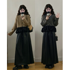 批发实拍大码冬季新款双面羊绒拼接金丝绒花苞下摆上衣+高腰半身皮裙