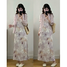 批发2026实拍<b class='q'>大码</b>女装春装新款印花气质温柔风披肩+打底连衣裙两件套