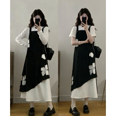 批发2026实拍<b class='q'>大码</b>女装春夏温柔风黑色镂空花朵背带裙+打底T恤两件套