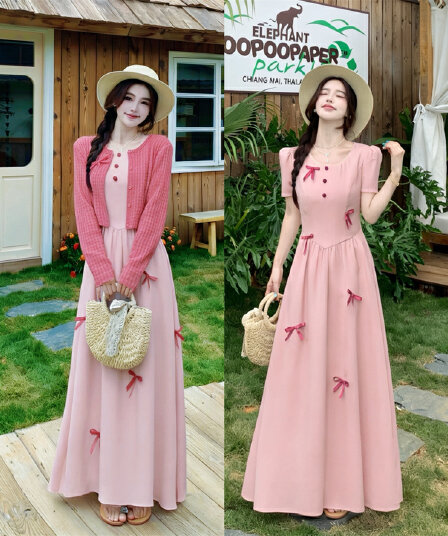 실사 빅 사이즈 여름 새로운 프랑스식 나비 매듭 라스베리 색상 쇼트 스타일 오픈 가디건 라운드 넥 거품 소매 점프 슈트 치마 세트