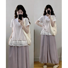 批发2026实拍大码女装夏季新款短袖T恤上衣+条纹背心+花苞裙三件套装