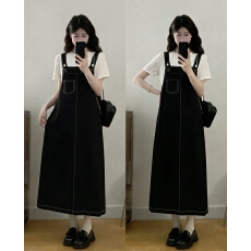 批发2026实拍大码女装夏季新款胖mm<b class='q'>甜美</b>短袖上衣+宽松背带裙两件套装