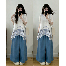 批发实拍<b class='q'>大码</b>2026夏季新款宽松显瘦钩花罩衫格纹上衣阔腿<b class='q'>裤</b><b class='q'>叠</b>穿三件套