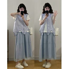 批发实拍大码夏季新款胖MM韩系腰果花不规则马甲T恤<b class='q'>半身</b>裙三件套