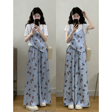 批发实拍<b class='q'>大码</b>夏季新款胖MM度假风假两件碎花吊带t恤阔腿<b class='q'>裙裤</b>两件套