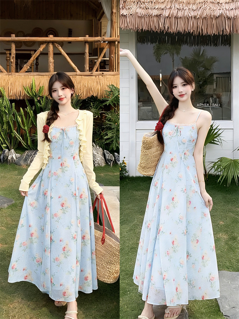 실사 2026 빅 사이즈 여성 의류 여름 새로운 부드러운 바람 자외선 차단 숄 꽃무늬 슬립 드레스 투피스 세트