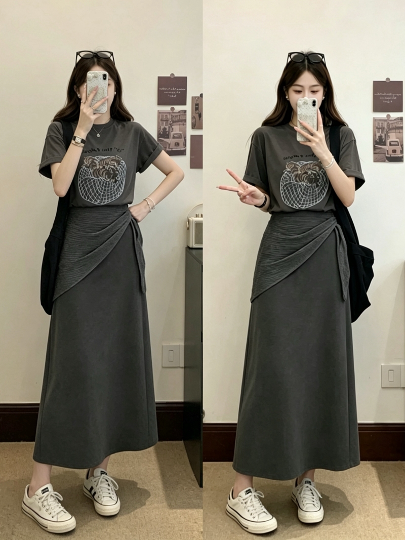 실사 빅 사이즈 여성 의류 여름 새로운 지방 mm 패션 캐주얼 반팔 프린트 티셔츠 슬림해 보이는 반신 스커트 투피스 세트