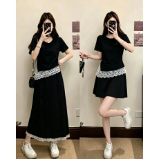 批发实拍大码女装<b class='q'>夏装</b>新款新中式国风盘扣设计短袖上衣+半身裙两件套