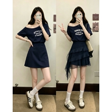 批发实拍大码女装夏季新款时尚短袖印花T恤裙连衣裙+蕾丝屁帘两件套
