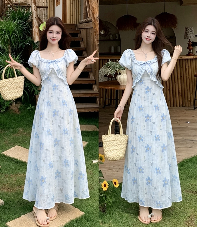 실사 빅 사이즈 여름 새로운 지방 mm 프랑스식 프릴 광장 칼라 거품 소매 꽃무늬 허리 수축 슬림해 보이는 드레스