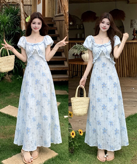 실사 빅 사이즈 여름 새로운 지방 mm 프랑스식 프릴 광장 칼라 거품 소매 꽃무늬 허리 수축 슬림해 보이는 드레스